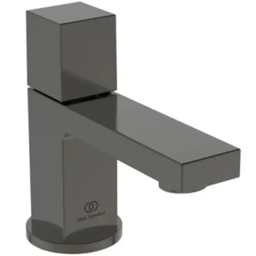 Edelstahl-Waschtischarmatur in Magnetic Grey von Ideal Standard mit quadratischem Design und langer Ausladung.